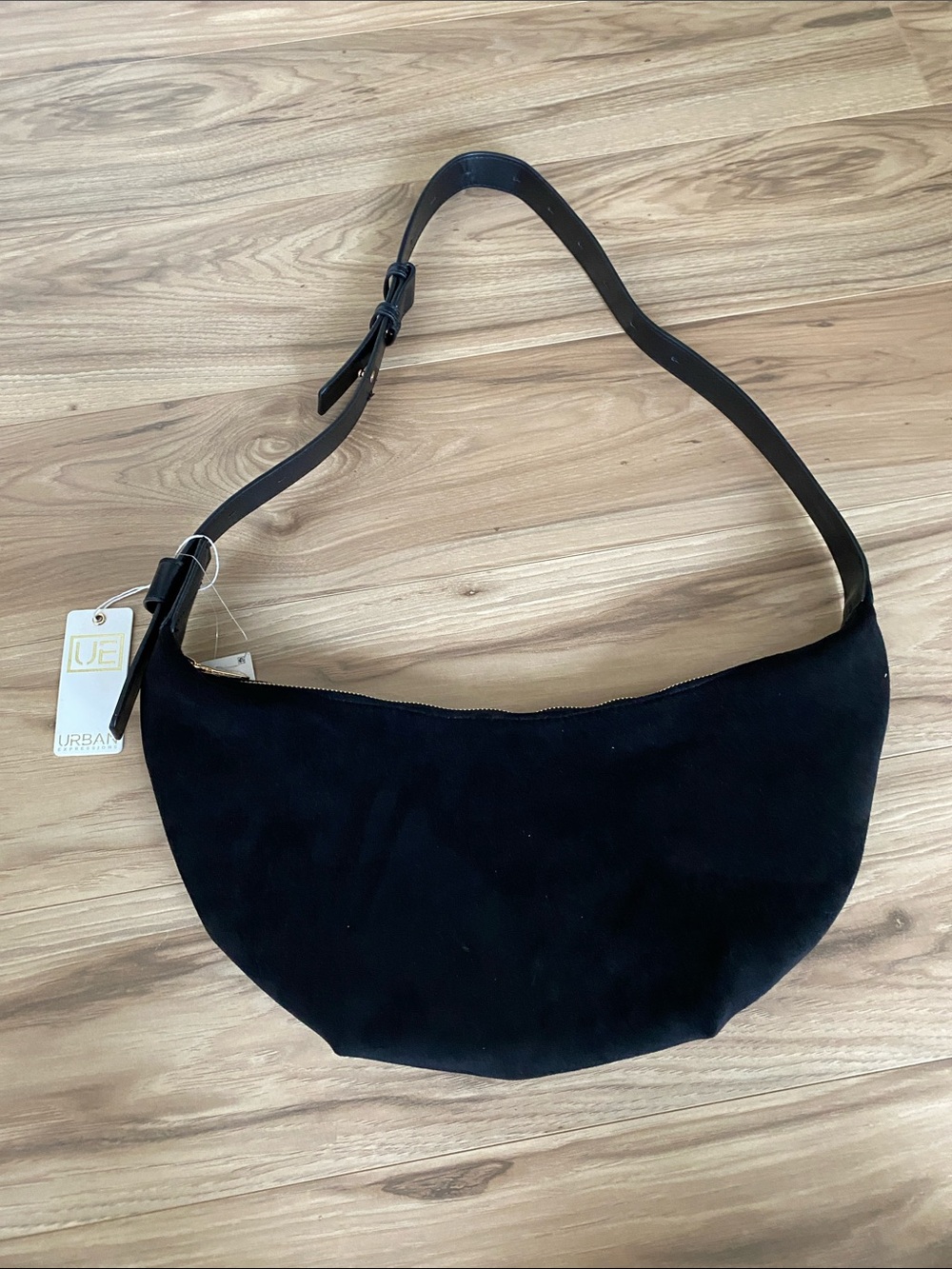 Urban Expressions Black Suede Crescent Shoulder Bag with Adjustable Strap